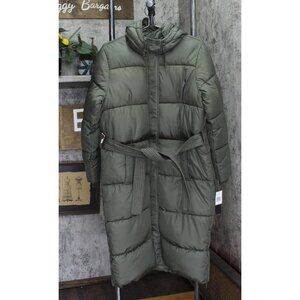 Sebby Collection Womens Long Belted Puffer Coat with Hood Jacket Olive Green S